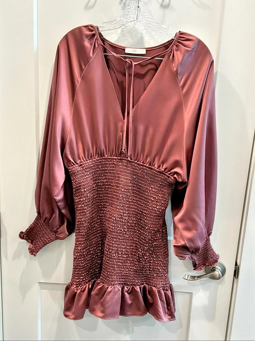 KARLIE Smocked Satin Ruffled Mini Dress in Rose Rust Bronze Large Longsleeve Reg